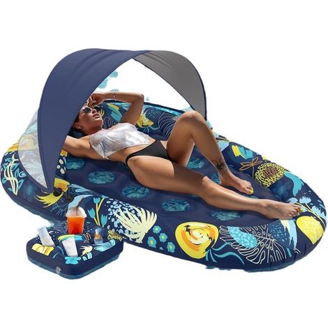 Matelas flottant gonflable avec porte-gobelets, 180 x 120 cm, pour adultes, pour piscine, bronzage, 3 en 1.-AquaForge (1/5)