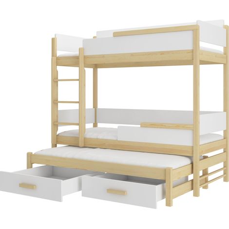 Lit superposé 3 places 90x200 KINZEY - 2 tiroirs de rangement et 3 sommiers-Beige clair (1/5)