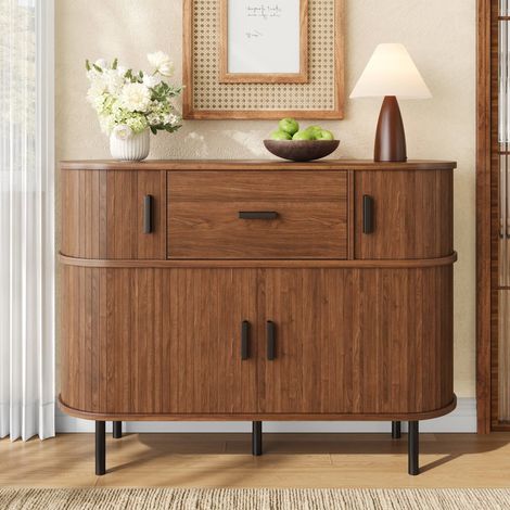 Buffet bas 110 x 35 x 81.5 cm, portes coulissantes, 1 tiroir et compartiments, MDF et panneaux de particules, salon, noyer (1/5)