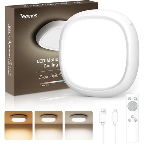 Plafonnier LED Sans Fil Rechargeable, Luminaire Douche Etanche IP54 Batterie de 12000mAh, Télécommande, Lampe Plafond Pile avec Detecteur Mouvement pour Garage Interieur Salle de Bain Exterieur (1/5)
