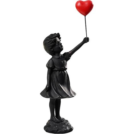 Figur „Fliegendes Mädchen im Ballon“, moderne Kunst, Heimdekoration, Harzskulptur, handgefertigte Dekoration, Schwarz