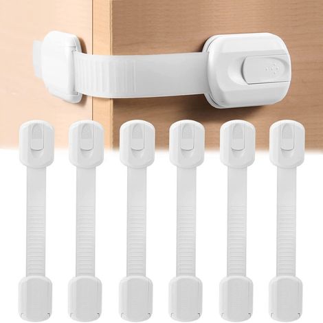 Ein Set aus 6 Kindersicherungen, geeignet für Schubladen und Schränke, verstellbar, einfach zu montieren und kompatibel mit Schubladen, Schranktüren und Kühlschränken.