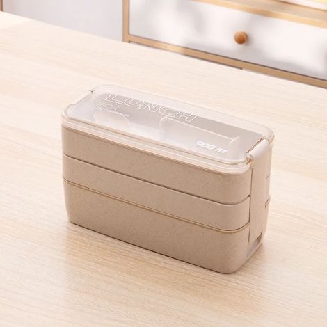 (Beige, 3 couches) Boîte bento en paille de blé naturelle, grande capacité, compatible lave-vaisselle et micro-ondes, couverts inclus.