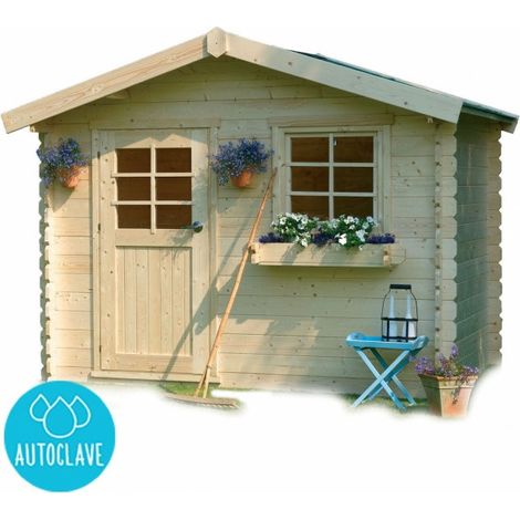 Abri de jardin bois Sologne – Modèle imprégné vert – 8.88 m² – Dimensions extérieures 298 x 298 x 239 cm – Épaisseur madriers 28 mm – Système d'aération – Solid (1/4)