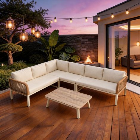 5-6 Seater Garden Furniture Set with Wood-look Tempered Glass Coffee Table, L-Shaped Corner Sofa with Polyester Rope, Weatherproof Outdoor Patio Dining Lounge Set for Balcony and Terrace, Linen, Beige