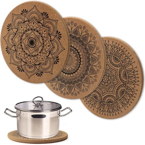 Lot de 2 dessous de plat en liège avec de beaux motifs - Diamètre : 19 cm - Ronds - Résistants à la chaleur - Protection de table - Pour casseroles, verres, bols et vases (1/5)