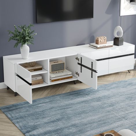 Meuble TV 180 x 40 x 49 cm blanc à 4 placards, façade haute brillance, 8 pieds, MDF HAVRYA (1/5)