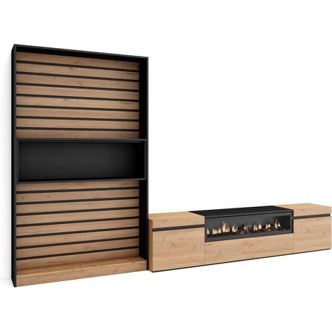 Skraut Home - Muebles de Salón para TV, Conjunto de muebles comedor, 310x186x35cm, Para TV hasta 80", Chimenea eléctrica, Estilo Moderno, Roble y negro (1/5)