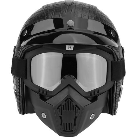 Casque moto scooter universel, demi-visière en cuir PU, noir crocodile, taille XL avec lunettes