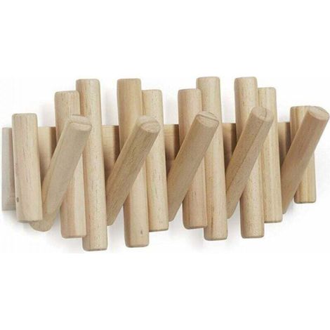 Wandgarderobenhaken mit 5 einziehbaren Holzhaken – Moderner, platzsparender Aufbewahrungsorganizer, Natur