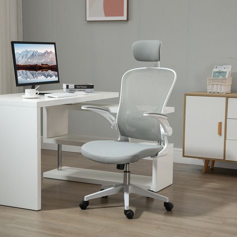 Silla de oficina ergonómica Vinsetto con función de balanceo, respaldo alto, soporte lumbar, reposacabezas, reposabrazos plegables, para oficina en casa, color gris, 65 x 64 x 114-122 cm (1/5)
