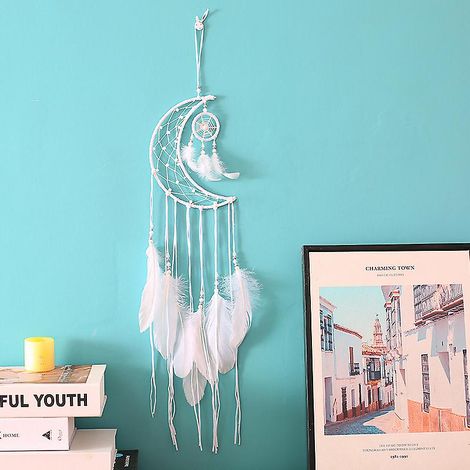 Attrape-rêves fait main, motif lune blanche et plumes - Décoration murale et cadeau idéal pour les fêtes (1/4)