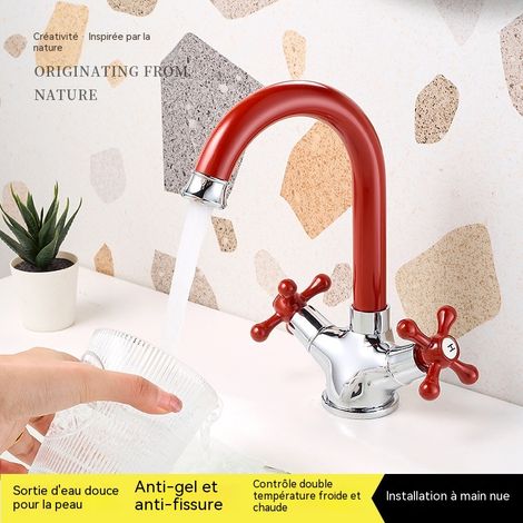 Robinet de Lavabo Double Poignée Rouge, Cuivre Massif Chromé, Mitigeur Eau Froide et Chaude, pour Salle de Bain (1/5)