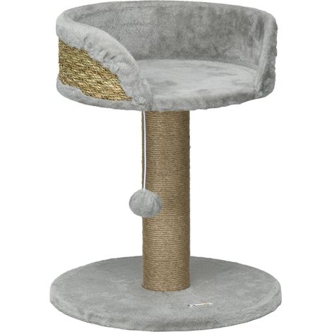 Arbre à chat avec griffoir, plateforme de jeu suspendue et pompons en peluche, 40x40x49 cm, jute gris (1/5)