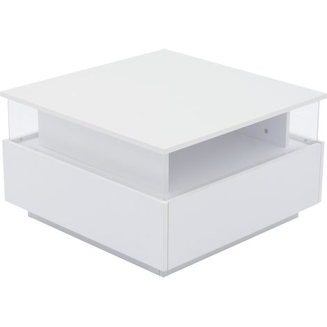 Table basse blanche en panneaux mélaminés avec LED, 70x70x41 cm, 2 tiroirs et espace de présentation transparent (1/5)