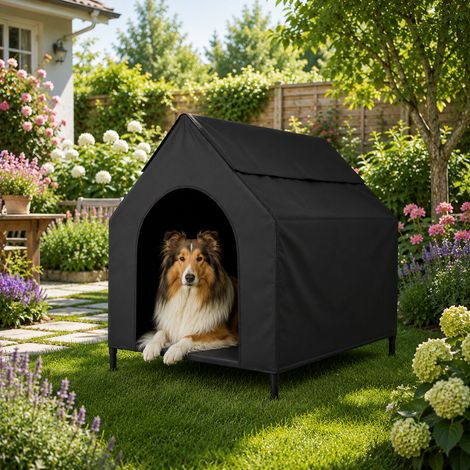 belviona Hundeliege mit Dach, erhöhtes Hundebett für Garten, Terrasse und Balkon, wasserabweisend & belastbar bis 60 kg, 110x75x105 cm, schwarz (1/4)