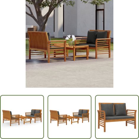 vidaXL Table de jardin -  Salon de jardin 3 pcs avec coussins bois massif d'acacia (1/5)