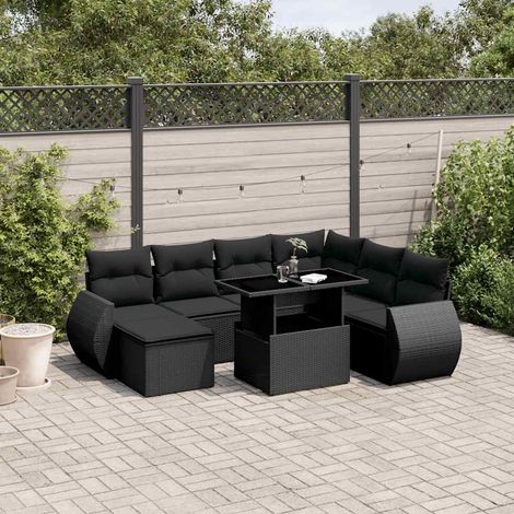 Ensemble de jardin 8 places en résine tressée noire avec coussins - Salon extérieur modulaire avec table réglable et repose-pieds (1/5)