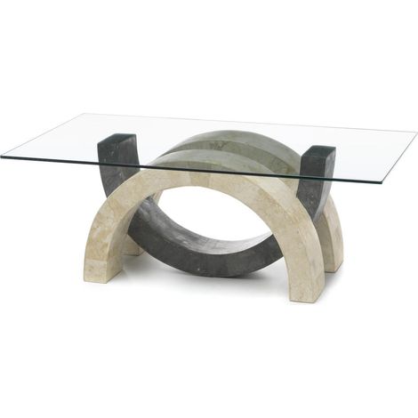 Tavolino Olimpia rettangolare 120x70 cm con base in pietra fossile White Agata e Gray Stone e top in vetro temperato - Design Esclusivo (1/5)