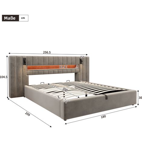 Cadre lit double 180x200cm velours gris,LED lampe de chevet port USB,rangement fonctionnel sans matelas (1/5)