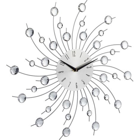 Horloge murale soleil avec perles strass diamant moderne cuisine salon 50 cm, argent (1/4)