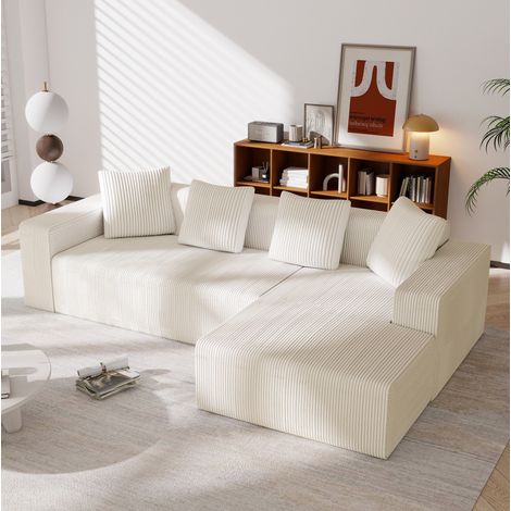 Canapé modulable d’angle 261x146x65 cm blanc en velours côtelé avec méridienne et assise profonde (1/5)