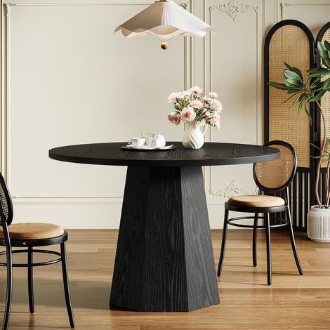 Tribesigns – Table de salle à manger ronde 118 cm – 4 places – Panneaux de particules E1 – Base piédestal inclinée – Meuble moderne noir