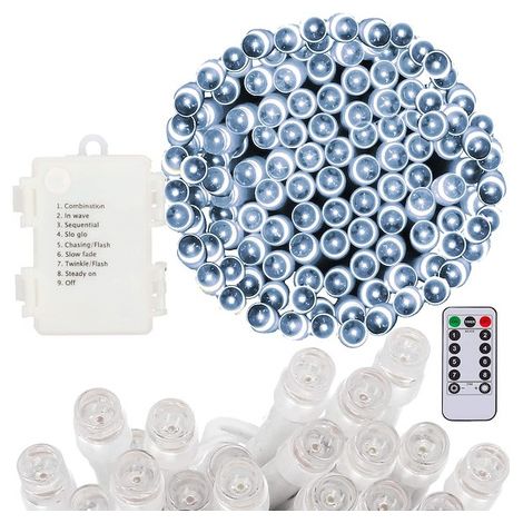 Weihnachtsbeleuchtung 100 LED-Batterielichter in Weiß, Kaltweiß mit Fernbedienung.