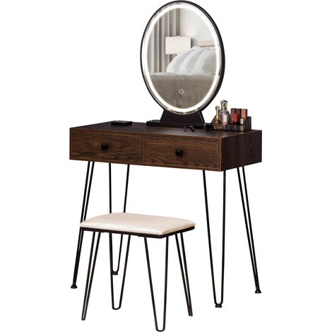 Coiffeuse Table de maquillage moderne - Miroir LED réglable intégré - Tabouret Inclus - pied en métal Noir - 2 tiroirs + 1 Organisateur Imitation Bois Noyer foncé (1/5)