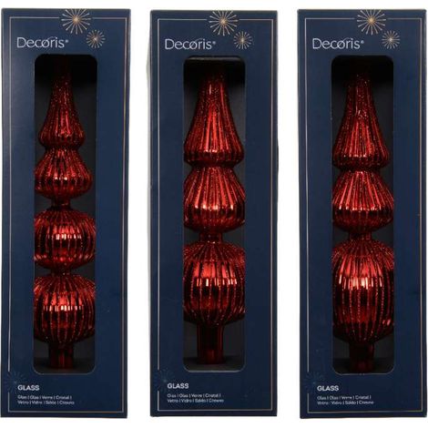 Decoris Puntale per Alberi in Vetro - Rosso con Glitter - 7,2x31 cm