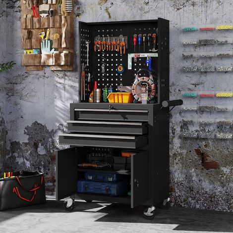 Armoire à outils roulante avec panneau perforé, 3 tiroirs, plan de travail, capacité 80 kg, acier, noir (1/5)