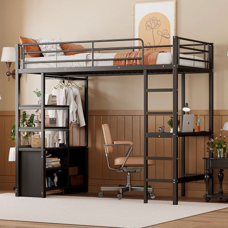 Cama alta 90x200 cm, cama de hierro con escritorio, toma USB, estanterías, mueble de almacenaje, escalera y armario abierto, metal, color negro, sin colchón