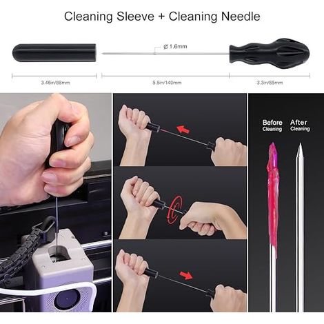 Kit nettoyage buse imprimante 3D, Kit outils imprimante 3D, No Clogger Φ1,6 mm x L140 mm avec nettoyeur aiguilles, Aiguilles de nettoyage buse 0,35 mm, pour toutes les buses 3D 1,75 mm (1/4)