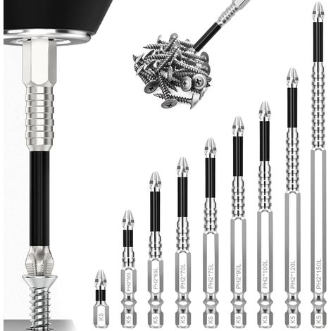 9 Pièces Ensemble de Mèches à Perceuse pour Tournevis à Magnétisme, Ensemble Universel de Tournevis à Perceuse Magnétique et Résistant, 25 50 65 70 75 90 100 120 150 mm (1/5)