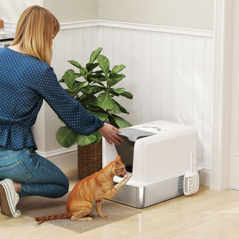Bac à litière pour chat - 40,5 x 60,5 x 41,5 cm - pelle - bac en acier inoxydable - blanc/argent - filtre - pour chats jusqu’à 6 kg