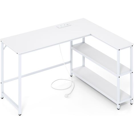 COSTWAY L Shaped Desk Corner Computer Desk with Storage Shelves-White (1/5)