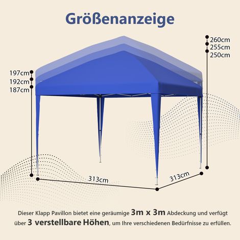 Pavillon 3x3m Pop-up, höhenverstellbar Faltpavillon Gartenpavillon mit 4 Sandsäcke & Tragetasche (Blau)
