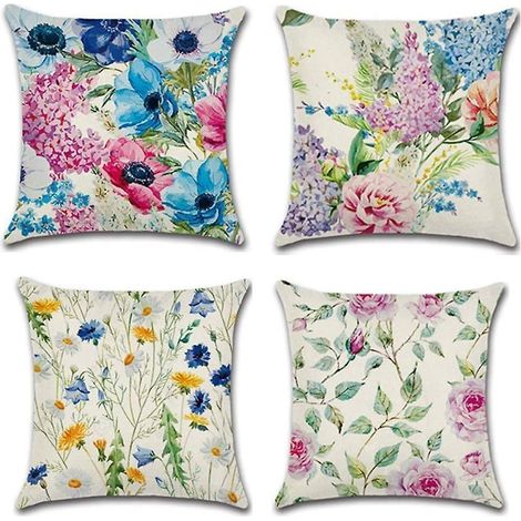 taie D'oreiller, Lot De 4-45 X 45 Cm En Coton Et Lin Imprim Fleur Pivoine Marguerite Housse De Coussin Carr Pour Lit Voiture De La Maison Canap (1/5)