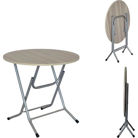 Mesa plegable redonda diam.80cm en hierro con tapa efecto madera