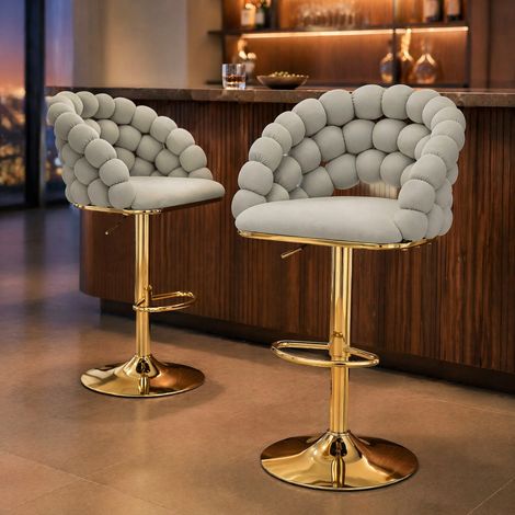 Juego de 2 taburetes de bar regulables, respaldo de cadena de bolas, asiento acolchado, metal y terciopelo gris claro (1/5)