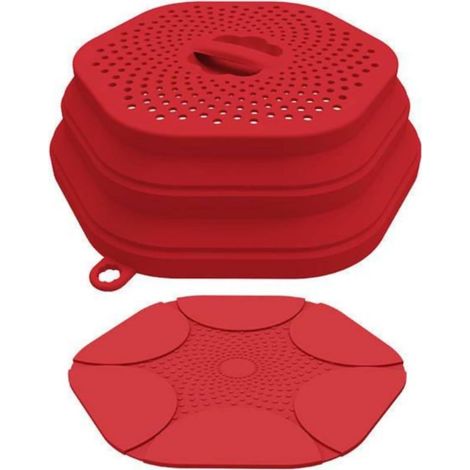Couvercle Micro-ondes Pliable avec Panier Égouttoir Intégré et Tapis Antidérapant, Sans BPA, Accessoire de Cuisine pour Réchauffer les Aliments et Égoutter, Rangement Compact (Rouge)