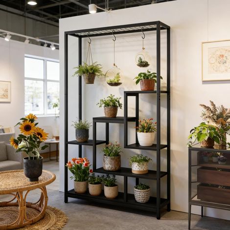 REDOM estantería para plantas, diseño de escalera de cinco niveles, 7 estantes, 6 ganchos S, metal y madera negra (1/5)