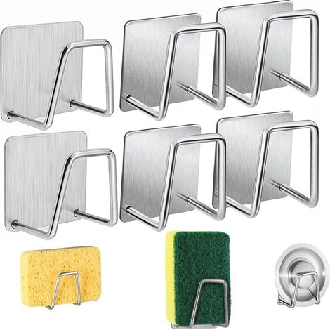 Lot de 6 crochets porte-éponges et torchons - Crochet adhésif pour éponges de cuisine et torchons - Organisateur d'évier - Crochets en acier inoxydable - Étanche - Sans perçage - Pour la cuisine et la (1/5)