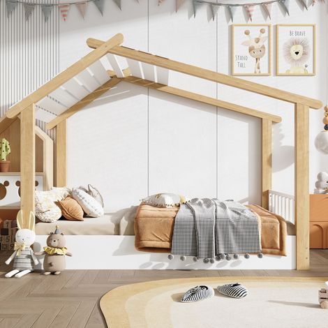 Lit enfant 90x200 cm avec sommier à lattes design cabane, en bois blanc et naturel, sans matelas (1/5)