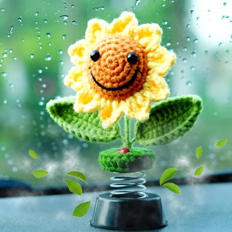 Décoration de tableau de bord pour voiture, accessoire de voiture : tournesol - visage souriant au crochet - tournesols à tête tremblante - décoration de tableau de bord pour femmes - décoration intér (1/5)