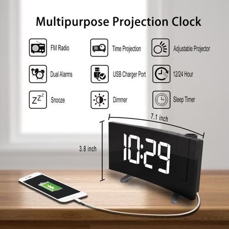 Radio Réveil Projection Plafond Alarme FM 12/24 Heures Rotation 120° Fonction Snooze Charge USB 12/24 Heures Ecran LED de 7.1inch (1/4)