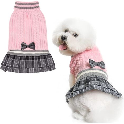 Robe pull pour chien avec nœud papillon – Pull à col roulé en tricot pour petits chiens et filles – Pull pour temps froid avec trou pour laisse, convient aux chiens de petite et moyenne taille (1/5)