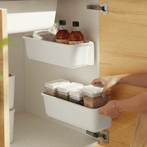 2 organisateurs de panier d'armoire de cuisine,Glissez les tiroirs de rangement en plastique,sous l'vier,organisateur du meuble, tiroir coulissant pour cuisine,salle de bain Undersink(blanc)-IN (1/4)