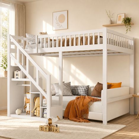 Lit mezzanine 140x200 cm avec escalier et rangement, sommier à lattes, garde-corps de sécurité, lit surélevé en bois blanc pour chambre