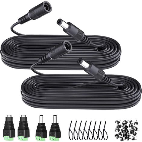 Lot de 2 câbles d'extension d'alimentation CC de 3 m - 12 V CC - 5,5 mm x 2,1 mm - Avec connecteurs adaptateurs jack (2 mâles + 2 femelles) - Clips de câble - Attaches de câble pour caméra de sécurité (1/5)